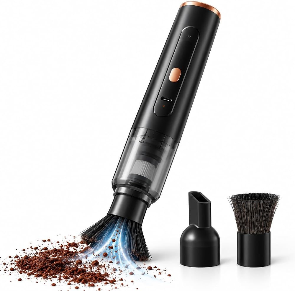 EXKRT Barista için Akülü Kahve Süpürgesi, Kahve Telvesi, Öğütücü ve Espresso Makinesi için Akülü El Süpürgesi, 2 Ataşman, Yıkanabilir Filtre, USB-C Şarj Edilebilir, Siyah