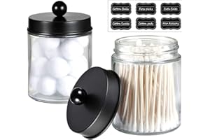 BIKALAN Glas Wattestäbchen Behälter, Schminktisch Badezimmer Organizer Set mit Matt-Schwarz Edelstahldeckeln, Wattepadspender Make up Organizer für Wattestäbchen, Wattepads, Zahnseidepicks