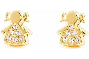MONDE PETIT Pendientes de Bebe/Niña Oro Amarillo Muñeca con Circonitas - Estuche Regalo - Certificado de Garantía - Mondepetit