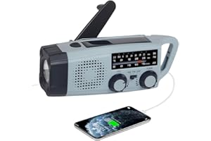 FLITI Radio de Emergencia Portátil, FM/Am Emergency Radio con Solar Recargable y Dinamo con Manivela con Linterna LED 2000mAh Powerbank SOS Alarma USB para Camping al Aire Libre (Gris Azul)