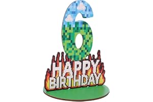SAVITA Wooden Pixel Number Birthday Table Centerpiece, 9.9in Happy Birthday Table Decor Cake Topper Numbers Stand Sign for Pixel Game Theme Birthdays Party Decorations Supplies (Number 6)