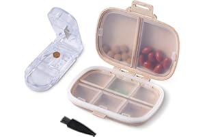 Vinabo Pilulier Portable, Pilulier Voyage avec 8 Compartiments, Piluliers Journalier, Distributeur Pilules pour Vitamines, Suppléments et Médicaments avec Coupe-Comprimé