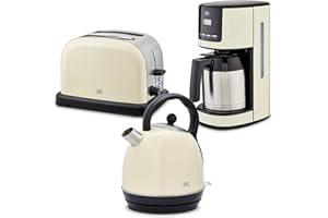 KHG Frühstücksset 3-teilig Kessel-Wasserkocher, Toaster & Thermo-Kaffeemaschine, Creme Beige Retro American Diner, Kapazität 1,7 Liter, 2 Toastscheiben, 12 Tassen Kaffee, 6 Röststufen, LCD-Anzeige