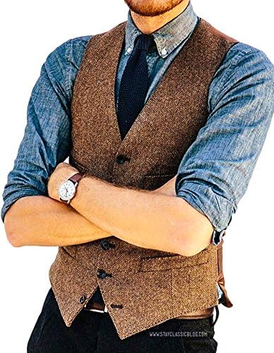 AugusWu Brown Six Button Mens Slim Trim Fit Tuxedos Suits Vest XXXXXL Brown Herringbone