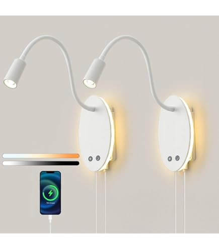 Lot De 2 Appliques Murales LED Réglables Col De Cygne - Lampe De Lecture 3W/9W + Port USB, Lumière Chaude (Noir) - 5
