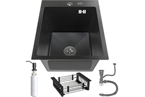 ANW HOME Fregadero de Cocina Graphite 40x50 cm con Sifón, Escurridor de Cestillo y Dispensador de Jabón de 350 ml, Fregadero de Cocina de Acero Inoxidable 304 con 2 Agujeros para Grifo
