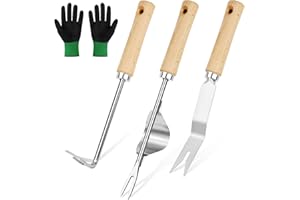 Adiwo 3 PCS Stainless Steel Hand Weeder Tool, Manual Weeder Set, Weeding Tools with Long Handle, Dandelion Remover Tool, With Gloves for Garden Weeding, Transplanting, And Soil Loosening