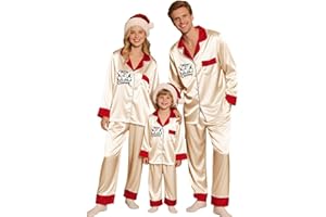 C'est TT Weihnachtspyjama Familie Set Satin Weihnachts Pyjama Damen Herren Kinder Seiden Schlafanzug mit Knopfleiste Lang Zweiteiliger Nachtwäsche Christmas Pajamas Loungewear Matching Hausanzug
