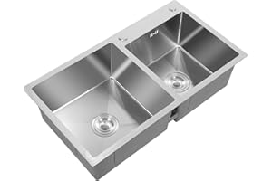 HAUTOUR Fregadero doble 201 de acero inoxidable, empotrable, 78 x 43 x 21 cm, rectangular con escurridor, filtro de residuos, dispositivo de drenaje de cocina, fregadero de cocina con 2 cuencas