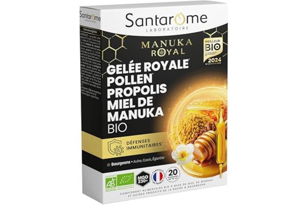 Santarome - Gelée Royale Pollen Propolis Miel de Manuka Bio - Complément alimentaire immunité - Formule 100% Bio - 20 ampoules - Made In France