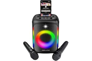 Vocal-Star VS-275 Karaoke Machine with 2 Wireless Microphones, Portable Bluetooth Speaker with phone holder, 80w Speaker, Light Effects, Records Singing, TWS, AUX, Rechargeable
