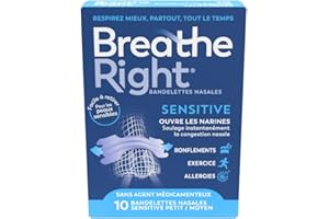 Breathe Right Sensitive - Bandelette nasale - Taille M/S - Sommeil : aide à réduire les ronflements - Rhume, allergies, sport : vous aide à mieux respirer - Convient aux peaux sensibles, 10 pièces