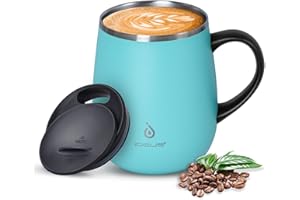 Ideus Coffee Mug 470ml (16oz), Double Wall Vacuum Insulated Stainless Steel Coffee & Tea Cup w/Non-Slip Handle & Slider Module Lid & Large Volume (Light Blue)