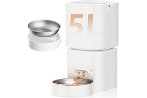 DUDUPET Distributeur Automatique de Croquettes pour Chat et Chien, Capacité 5L, Mangeoire Programmable 1 à 10 Repas par Jour, avec Bol en Acier Inoxydable et Boîte à Dessiccant
