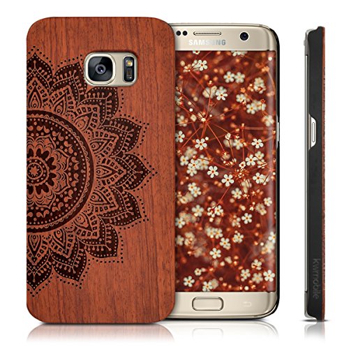 kwmobile Funda dura de madera palo de rosa para Samsung Galaxy S7 edge Carcasa protectora de m  vil Dise  o Flor a la mitad en marr  n oscuro