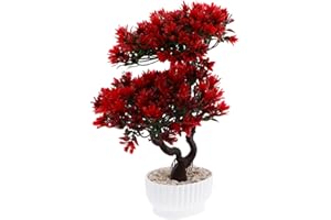 Angoily Árbol de bonsái artificial en maceta, plantas artificiales de pino japonés, exhibición de escritorio, simulación de sala de estar, decoración de jardín zen, color rojo