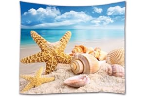 A.Monamour Tapisserie Murale Étoiles De Mer Coquillages sur La Plage De Sable Fin Bleu Ciel Nuages ​​Blancs Bleu Océan Nature Paysage Imprimé Tenture Rideaux Nappe Couvre-Lit Drap De Bain 180X200Cm
