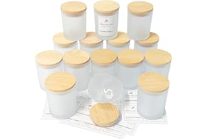 CONNOO Confezione da 15 barattoli vuoti smerigliati per candele con coperchio in bambù ed etichette adesive per realizzare candele, barattoli di vetro spesso sfusi con coperchi. Lavabile in