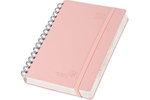 POPRUN Agenda 2024 2025 Día Por Página Espiral 21,5 x 14,5 cm, Planner Diaria con Tapa Blanda 12 Meses de Ago.2024 a Jul.2025, Banda elástica, 80 GSM Papel, Rosa Pálido