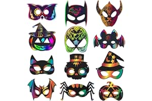 Wishstar 24 sztuki obrazków do zdrapywania na Halloween, maseczki do zdrapywania dla dzieci, maski na Halloween, zestaw do majsterkowania, z elastycznymi sznurkami i drewnianymi uchwytami, dekoracja