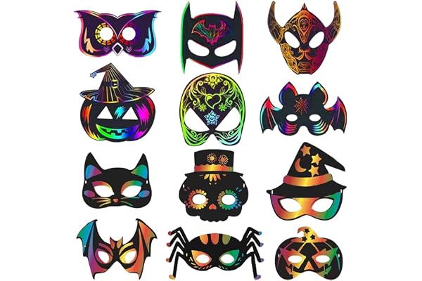 Wishstar 24 stycken halloween skrapbilder, repbilder masker, klösbilder barn, halloweenmasker pysselset gör-det-själv med elastiska snören och trähandtag, halloweendekoration gör-det-själv hantverk