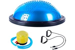 Fitness Tech - Bosu Pelota - Semiesfera de Ejercicios Antideslizante - Bosu con Inflador y Gomas - Plataforma de Equilibro - Entrenamiento de Yoga, Pilates y Fitness - Color Azul
