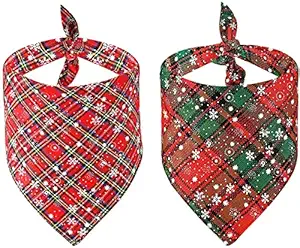 KUTKUT 2 Pack Dog Bandana Christmas Buffalo Plaid Snowflake Pet Scarf Triangle Bibs Kerchief Set Pet Costume Accessories Decoration for Small Medium Large Dogs Cats Pets