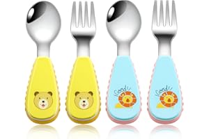 BEWOS Toddler Cutlery 4 Pcs, 304 Stainless Steel Kids Cutlery Set, Safe for All Age of Kids, Suitable for Baby Self Feeding Weaning Set - 2 x Forks, 2 x Spoons, Dishwasher Safe (Yellow & Blue)
