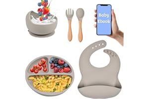 NOOGUI Vajilla Bebe | Silicona | Libre de BPA | Incluye Plato con Ventosa, Cuenco con Ventosa, Cuchara y Tenedor, Babero + EBOOK de regalo | Extrafuerte