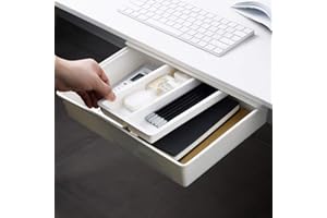 URMAGIC Tiroir sous le bureau, rangement sous le bureau sans perforation,tiroir à crayons de bureau avec rail coulissant lisse, rangement amovible sous la table, tiroir de bureau adhésif coulissant