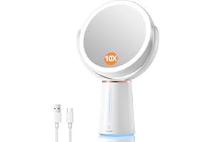 Auxmir Espejo Maquillaje con Luz LED, Aumento 10X/1X Doble Cara 360 Giratorio, Recargable 2500 mAh con USB, 10 Niveles de Brillo Ajustables, Táctil Sobremesa para Afeitado Depilación Cejas Baño