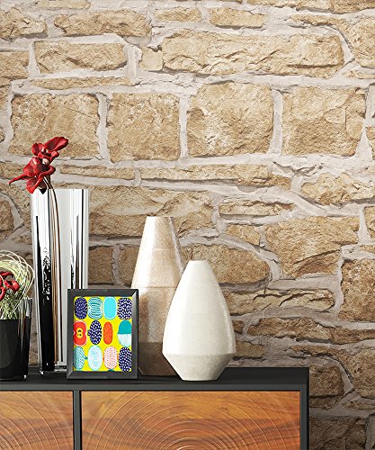 NEWROOM Steintapete Beige Vliestapete Stein Muster Stein schöne moderne und edle Design 3D Optik , inklusive Tapezier Ratgeber