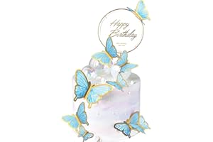 BINXWA Pack of 11 Birthday Cake Decorations, Blue Butterflies Decoration, Happy Birthday Cake Topper, Birthday Cake Topper Birthday for Children Adults Cake Accessories