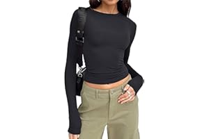 YILEEGOO Women's Slim Fit Crop Tops Casual Solid Color Crew Neck Long Sleeve Tight T-Shirt Basic Blouse Tee Tops