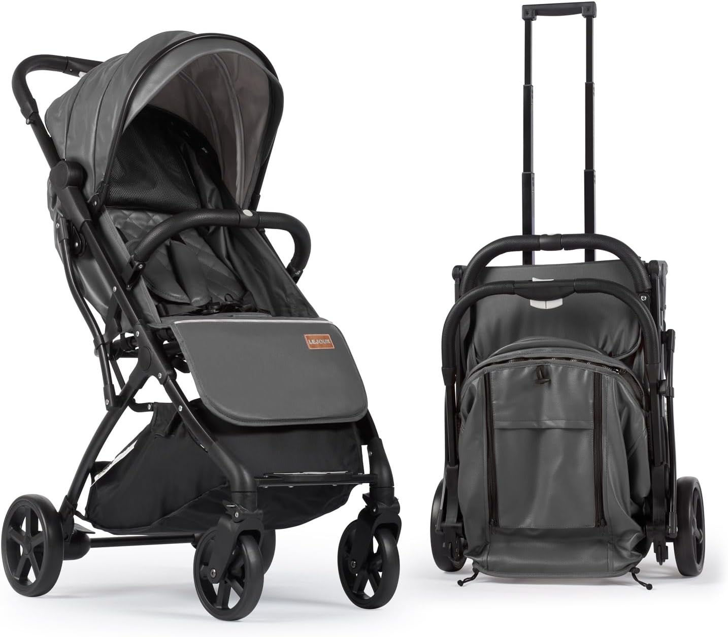 Baby Pushchair Stroller– Lightweight Foldable Travel Buggy with 5-Point Harness, Adjustable Seat Back and Oversize Basket Folds with 1 Hand – Smooth Swivel Wheels Rain Cover (Grey Leather)