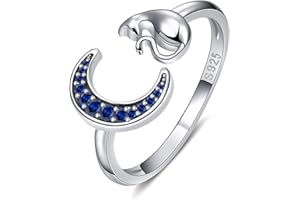 Qings Katzenring Mond Ring Damen: 925er Sterlingsilber mit Mond und Katze Ring Verstellbar Offen Fingerring Blauer Zirkonia Offene Ring Süßer Tier Schmuck Geburtstag Geschenk für Mädchen