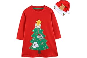 TAGVO Vestido para Niñas, Toddler Niñas de Manga Larga Falda Vestido de Navidad Cuello Redondo, Lentejuelas Xmas Tree Reno de Algodón Vestido Casual para Niñas de 2-7 Años