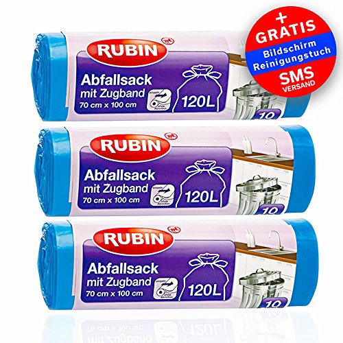 Zugband Müllsäcke - 120 Liter (30 Stück) - Für Haushalt und Büro - Reißfest und Flüssigkeitsdicht - 3er Pack (3x10 Stück) - Recyclebar - Besonders klein verpackt