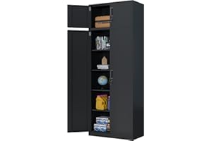 iJINGUR Metal Storage Cupboard with Locking Doors and 4 Adjustable Shelves, Extra Tall Lockable Steel Storage Cabinets for Home Office Garage Kitchen Pantry (Black)
