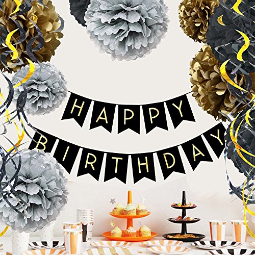 Geburtstag Dekoration Set, Recosis Happy Birthday girlande mit Spiralen Dekoration und Seidenpapier Pompoms Kindergeburtstag Deko - 4
