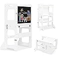 Toddler Tower, Learning Standing Tower 4-in-1 Kitchen Wooden Stool Helper with Chalkboard Montessori and Waldorf Helper for Kids in Kitchen Bamboo Step Stool with Desk Table and Chair (White)