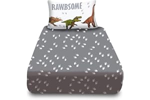 VELVETIO Dinosaur Fitted Sheet Single with Pillowcase, Soft Breathable Printed Kids Bedding, Hypoallergenic Wildlife Animal Bed Sheets for Boys & Girls, Multi