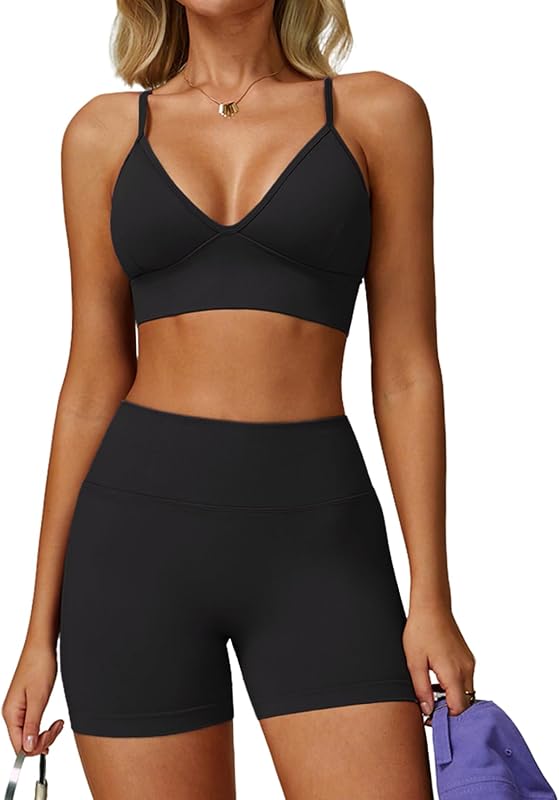 JTSONN Conjunto Deportivo para Mujer Gimnasio de Punto Elástico Yoga Tirantes Fitness Ropa Escote en V Espalda Descubierta Sujetador Combinado Pantalones Cortos Fruncido Ropa Deportiva sin Costuras