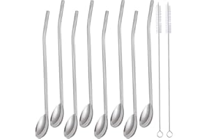 ‎INHDBOX 8er Edelstahl Trinkhalm Löffel, Wiederverwendbare Edelstahl Metallstrohhalm Löffel, 2 in 1 Strohhalm & Löffel ideal als Latte Macchiato und Cocktail-Löffel