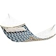 SONGMICS Hammock, Quilted Hammock with Curved Bamboo Spreaders, Pillow, 78.7 x 55.1 Inches, Portable Padded Hammock Holds up to 495 lb, Blue and Beige Rhombus UGDC034I02