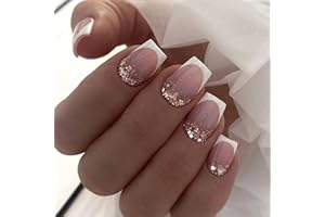 AGASAR 24pcs Short Square False Nails French Tip Stick on Nails White Edge Pink Press on Nails with Glitter Sequins Removable Glue-on Nails Acrylic Full Cover Fake Nails Women Girls Nail Art Accessories