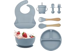 BIZCASA Baby Weaning Set,8pcs Toddler Feeding Set Adjustable Bib with Large Crumb Pouch, Suction Bowl, Cup, Fork, and Spoon Baby Feeding Sets Cutlery Set Easy Wipe Clean for Babies and Toddler (BLUE)