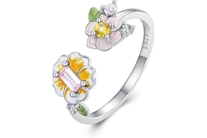 Qings Anillo abierto de flor brillante anillo ajustable de plata de ley 925 con flores rosadas y amarillas hojas verdes para mujeres y niñas