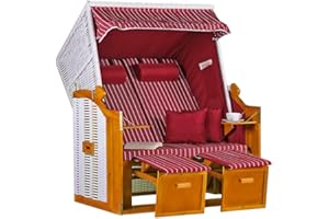 ‎MR. DEKO MR. DEKO® Strandkorb Ostsee Volllieger 2-Sitzer | PE Geflecht Weiß Bezug Uni rot | inkl. 4 Kissen & Klapptisch | Strandstuhl verstellbar | Strandkörbe aus Hartholz mit Fußablage (Dessin Royal Rot)