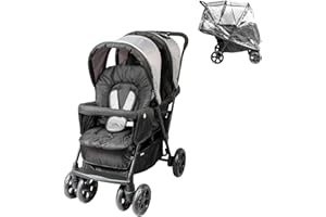 BAMBISOL | Poussette Double Bébé & Nouveau-Né | Siège Allongeable | Pliage 1 Main | Habillage Pluie Inclus | Dossiers Réglables, Harnais 5 Points | Grand Panier | Légère & Compacte | Gris Noir